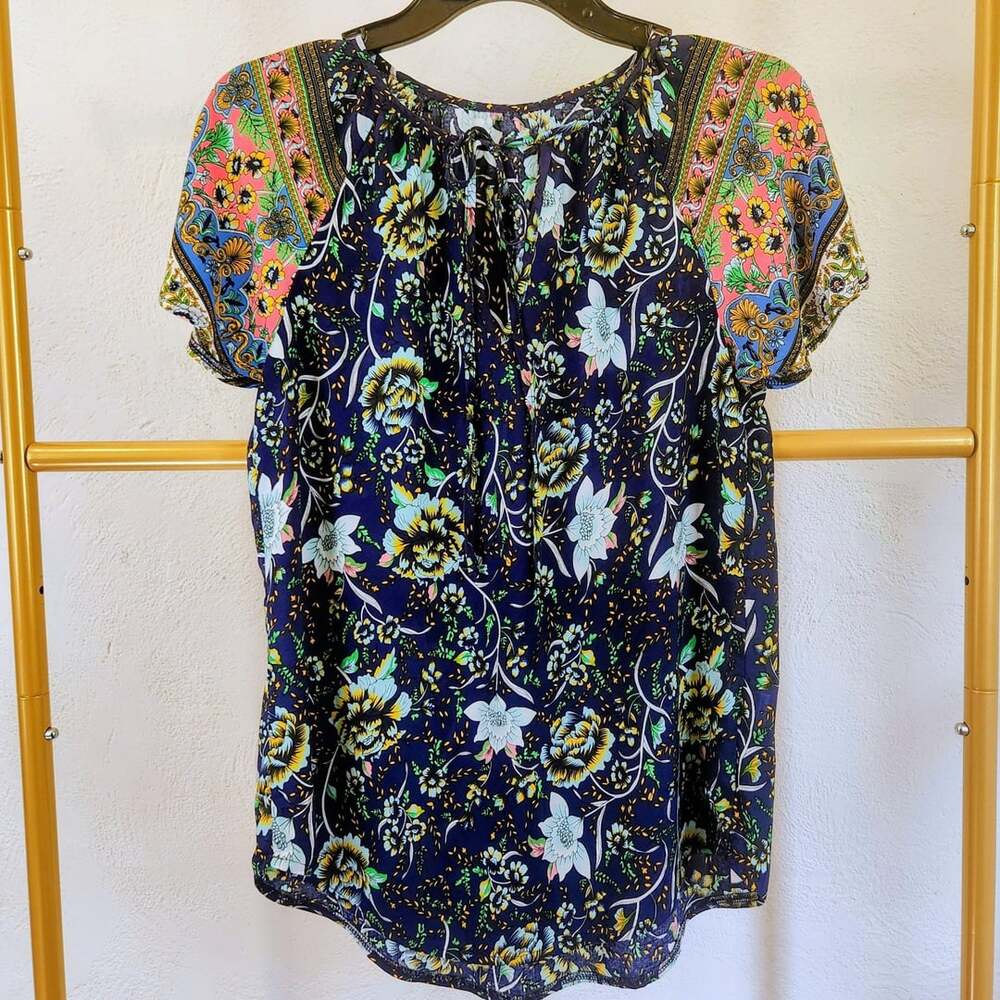 SHEIN Floral Blouse Size 4 Navy Blue Short Sleeve Tie Neck Top
